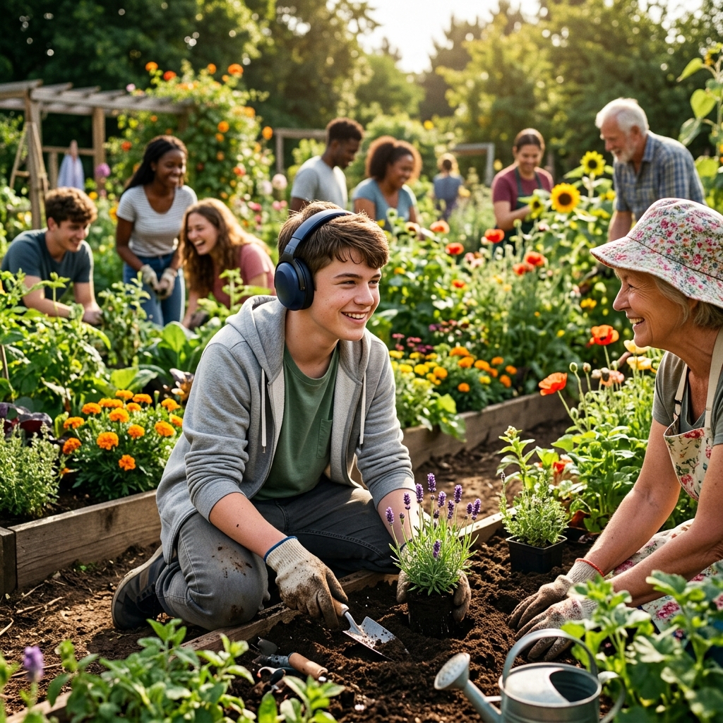 A teenager with autism engaging in a community gardening group