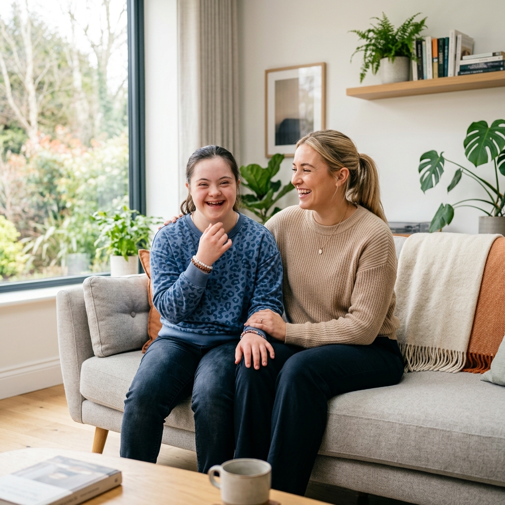A teenager with Down syndrome and a young support worker smiling together
